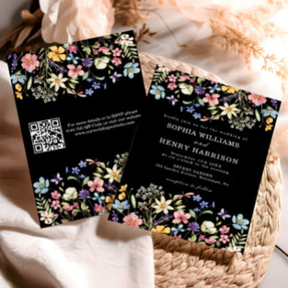Wildflower Rustic Chic Black Wedding QR Code Invitation