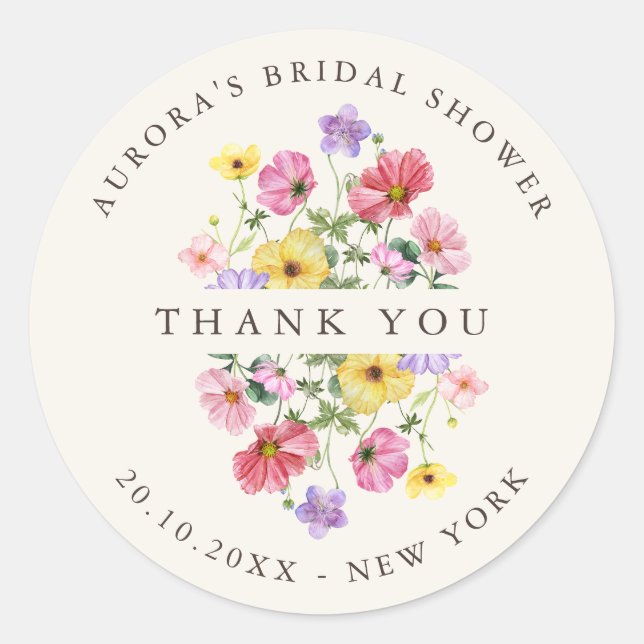 Wildflower Rustic Chic  Bridal shower thank you Classic Round Sticker (Front)