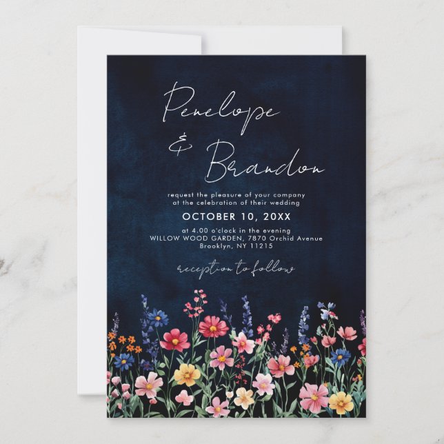 Wildflower Rustic Country Boho Floral Navy Wedding Invitation (Front)
