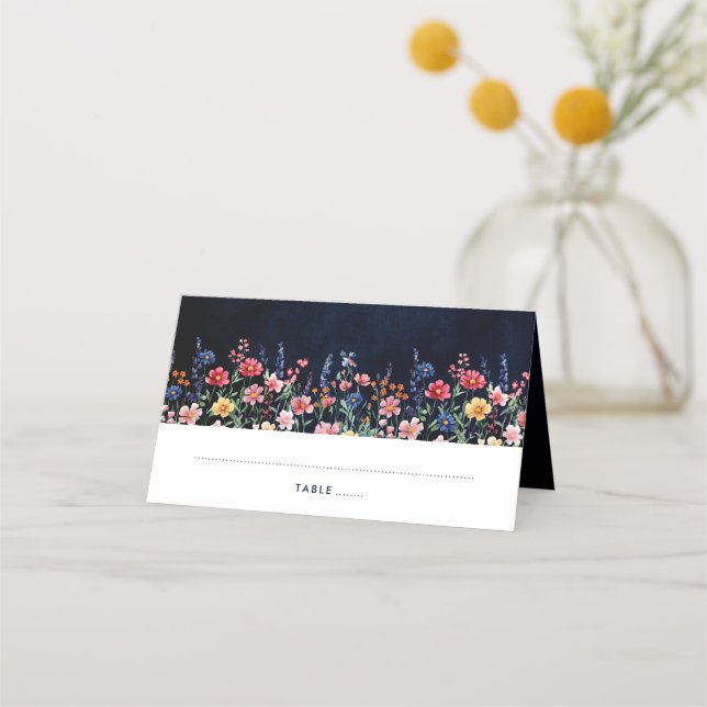 Wildflower Rustic Country Boho Floral Navy Wedding Place Card (Front)