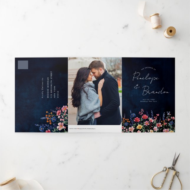 Wildflower Rustic Country Boho Floral Navy Wedding Tri-Fold Announcement (Outside)