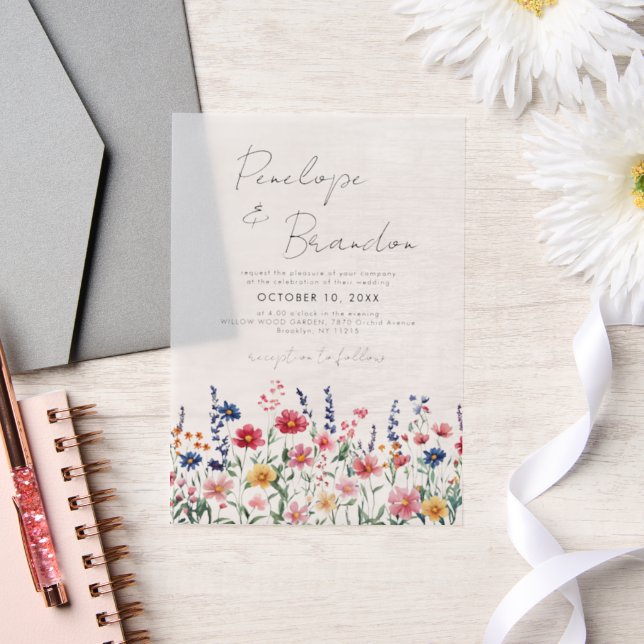 Wildflower Rustic Country Boho Floral Navy Wedding Vellum Invitations (Wedding)