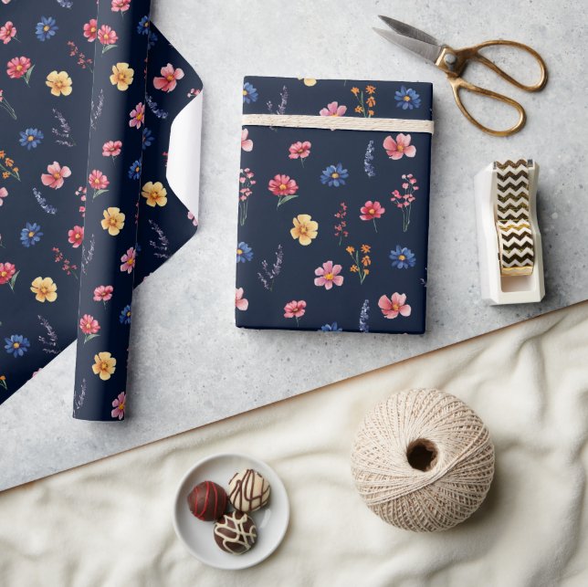 Wildflower Rustic Country Boho Floral Navy Wedding Wrapping Paper (Crafts)