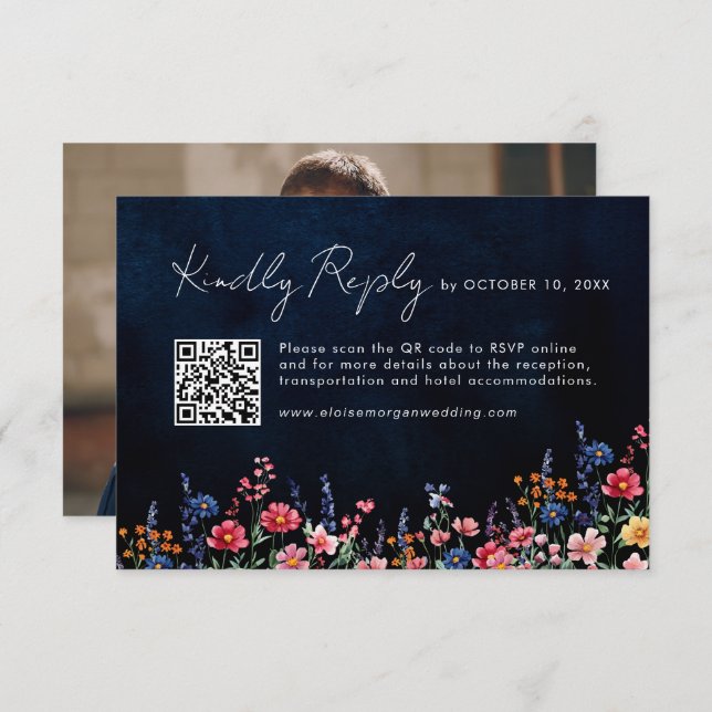 Wildflower Rustic Country Boho Navy QR Code Photo RSVP Card (Front/Back)