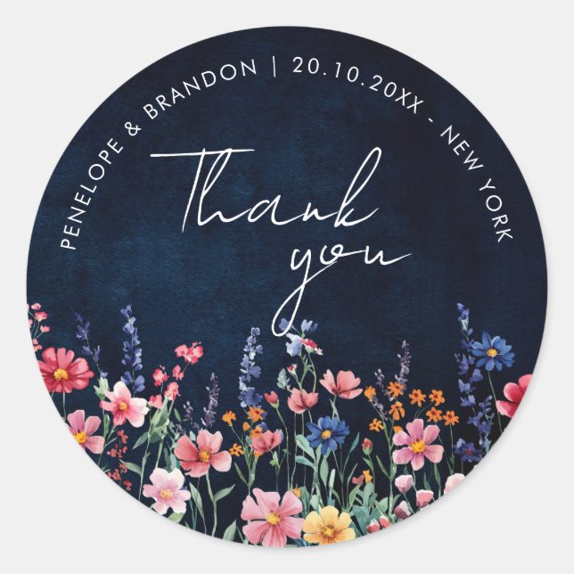 Wildflower Rustic Country Boho Wedding thank you Classic Round Sticker (Front)