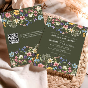 Wildflower Rustic Country Green Wedding QR Code  Invitation