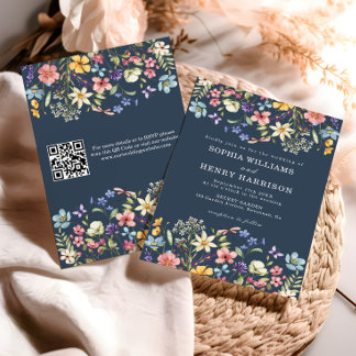 Wildflower Rustic Navy Blue Wedding QR Code Invitation