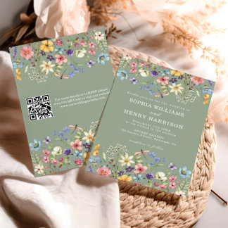 Wildflower Rustic Sage Green Wedding QR Code Invitation