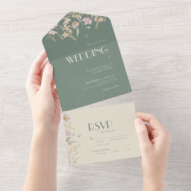 Wildflower Sage Deco Wedding All In One Invitation (Tearaway)