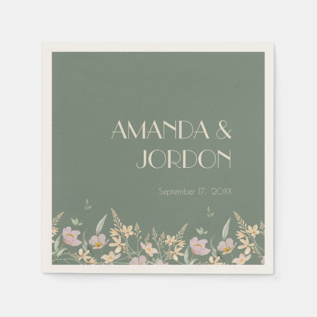 Wildflower Sage Deco Wedding Cocktail Napkin (Front)