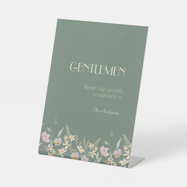 Wildflower Sage Deco Wedding Gentlemen Bathroom Pedestal Sign (Front)