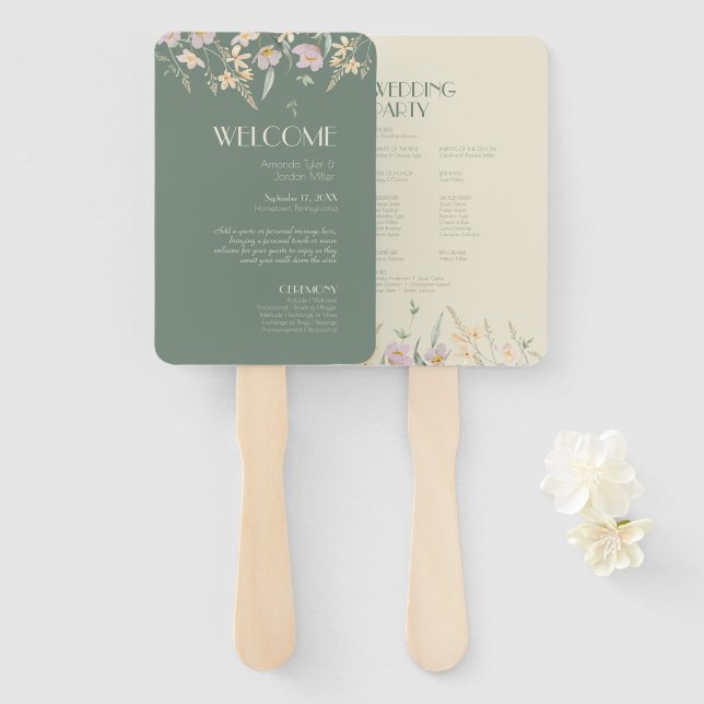 Wildflower Sage Deco Wedding Program Hand Fan (Front and Back)