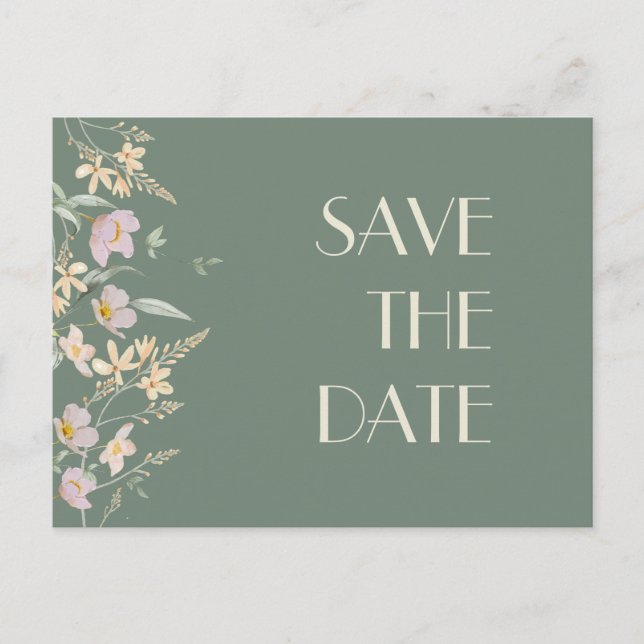Wildflower Sage Deco Wedding Save the Date Announcement Postcard (Front)