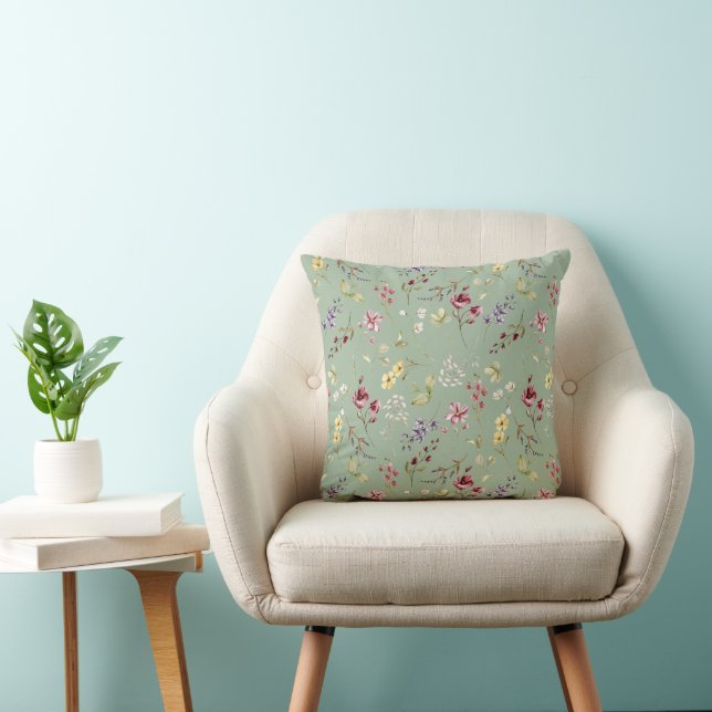 Wildflower Sage Green Botanical Throw Pillow (Chair)