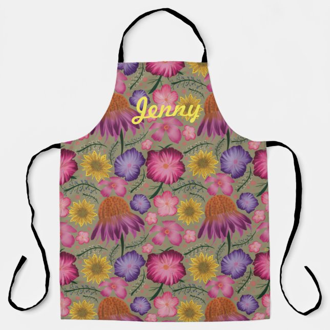 Wildflower Sage Green Floral Personalized Apron (Front)