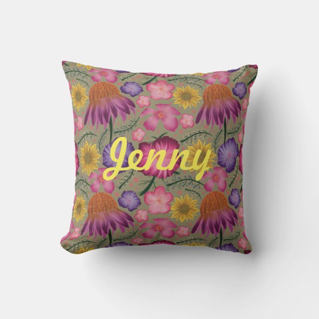 Wildflower Sage Green Floral Personalized  Throw Pillow (Front)