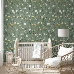 Wildflower Sage Green Floral Yellow White Flowers Wallpaper