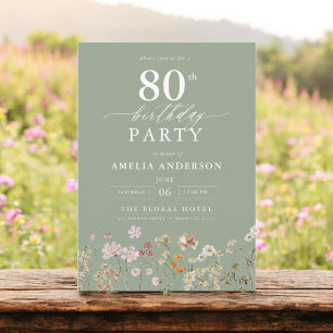 Wildflower Sage Green Garden Floral 80th Birthday Invitation