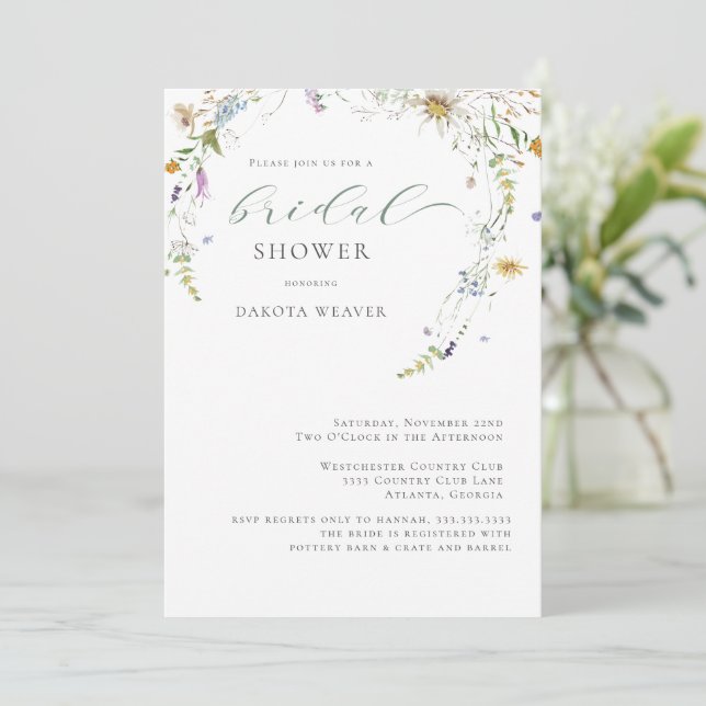  Wildflower Sage Green Simple Floral Bridal Shower Invitation (Standing Front)