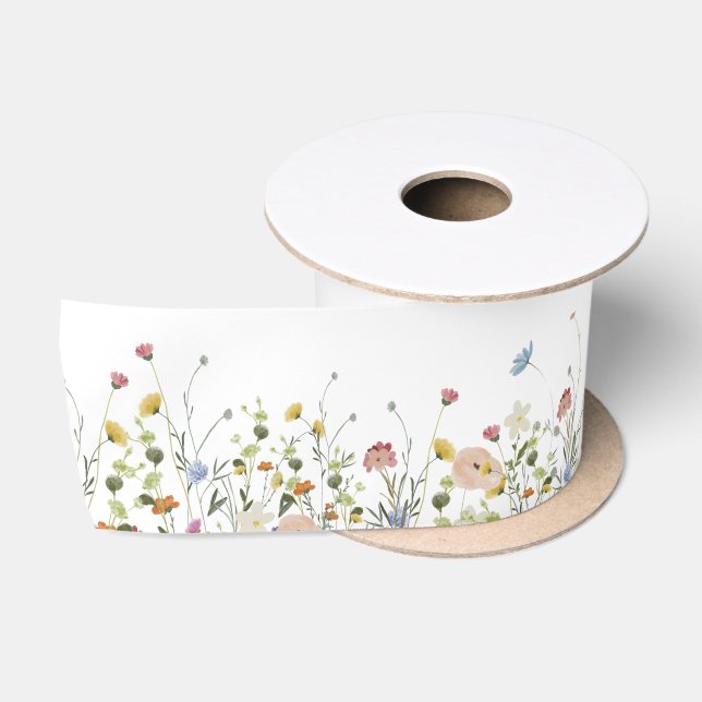 Wildflower Satin Ribbon, Summer field flowers Satin Ribbon (Spool)