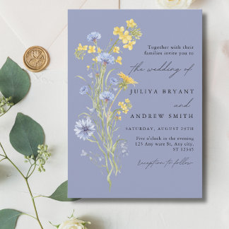 wildflower script blue wedding invitation