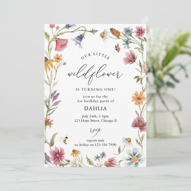 Wildflower Script Floral Boho Girl 1st Birthday Invitation (Standing Front)