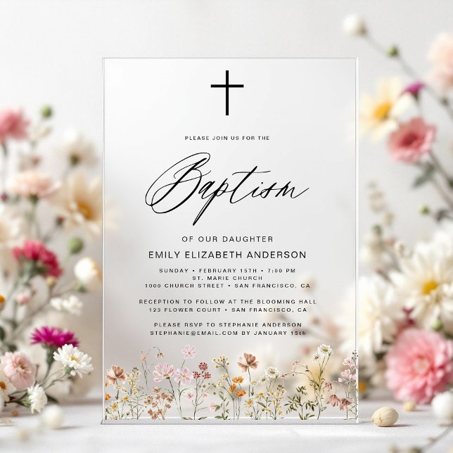 Wildflower Script Neutral Beige Baptism Acrylic Invitations (Creator Uploaded)