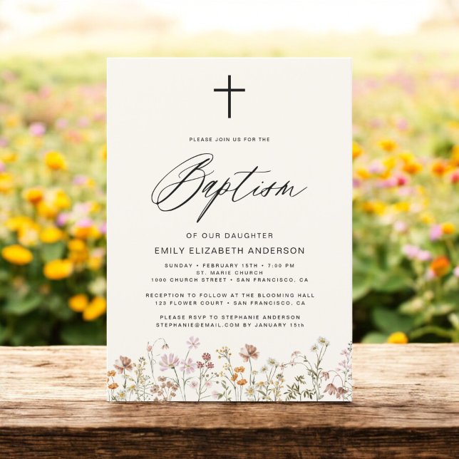 Wildflower Script Neutral Beige Baptism Invitation (Creator Uploaded)