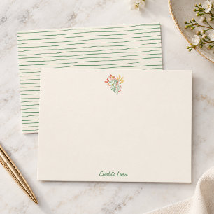 Wildflower Script Personalized Name Green Stripe Thank You Card
