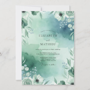 Wildflower Seafoam Teal Leafy Wedding Invitation