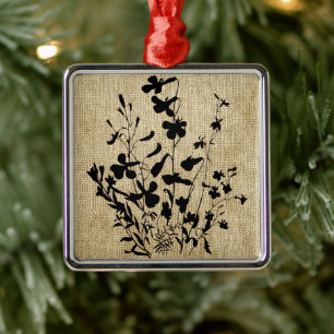 Wildflower Silhouette Burlap Metal Ornament