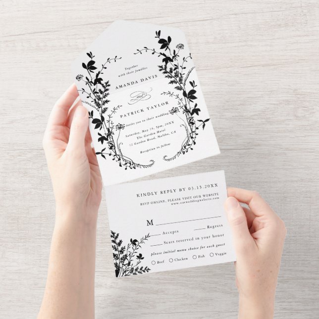Wildflower Silhouette Wreath Wedding Black & White All In One Invitation (Tearaway)