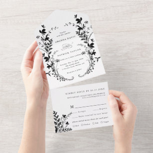 Wildflower Silhouette Wreath Wedding Black & White All In One Invitation