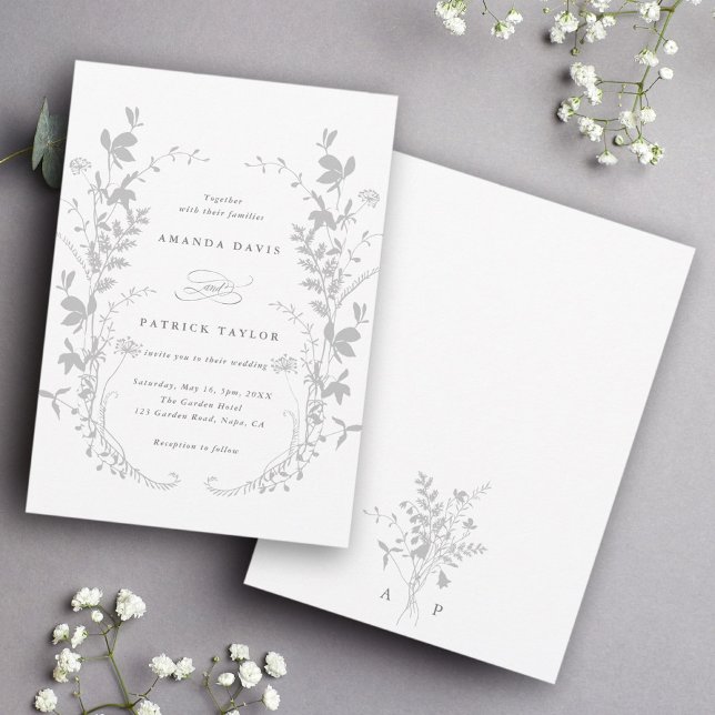 Wildflower Silhouette Wreath Wedding Grey & White Invitation (Front & Back)