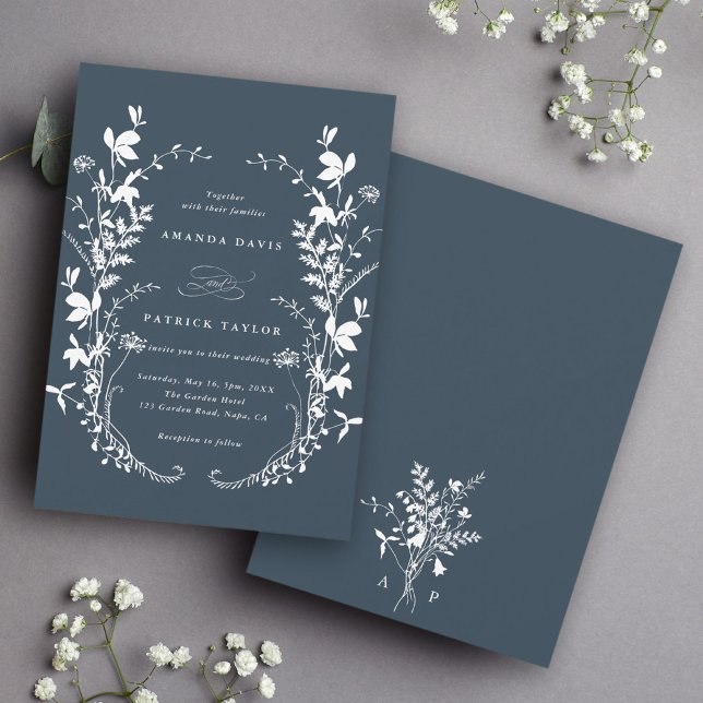 Wildflower Silhouette Wreath Wedding Navy Blue Invitation (Front & Back)