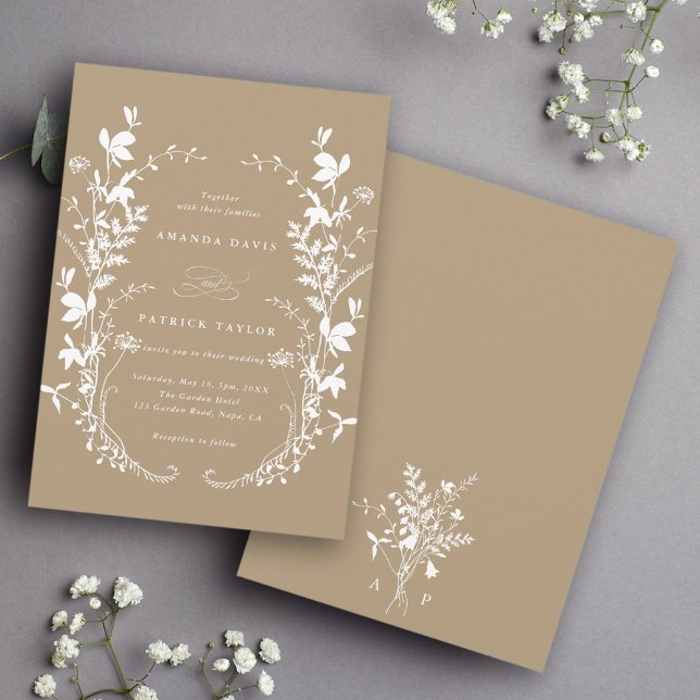 Wildflower Silhouette Wreath Wedding Tan Invitation (Front & Back)