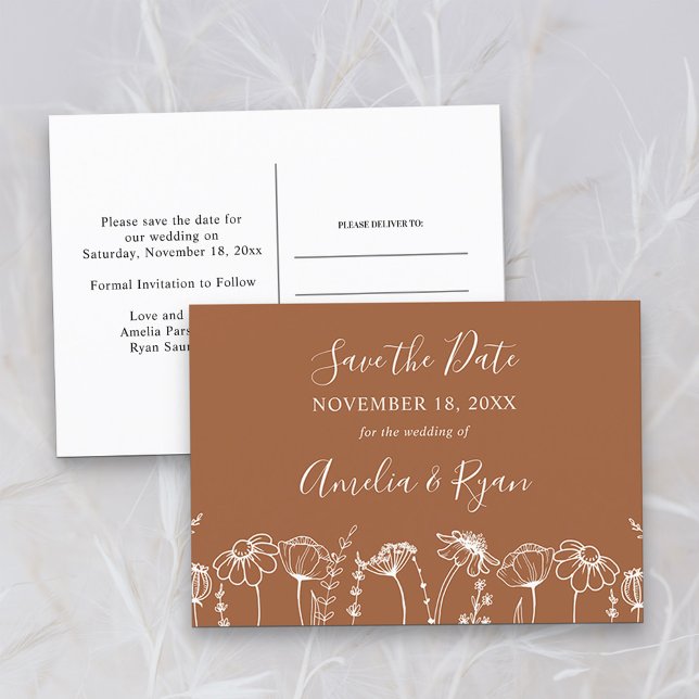 Wildflower Sketch Burnt Orange Save the Date Announcement Postcard (Save the Date Postcard in Terracotta Burnt Orange, from my Wildflower Sketch collection)