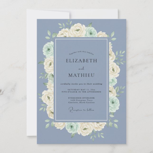 Wildflower Slate Mint Peony Wedding Invitation (Front)