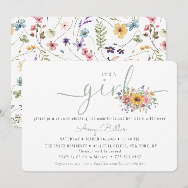 Wildflower Solid Green Shower Book Invitation (Front/Back)