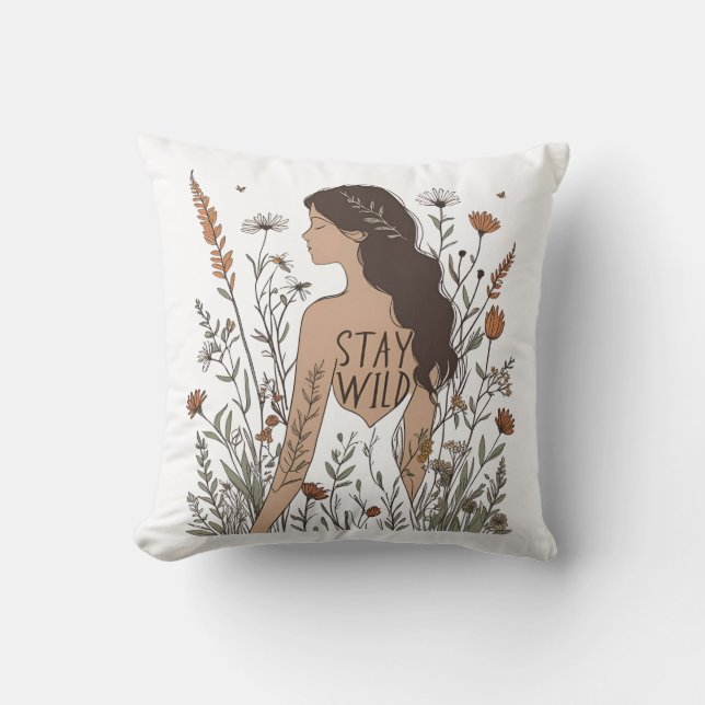 Wildflower Soul – Stay Wild Line Art  Throw Pillow (Front)