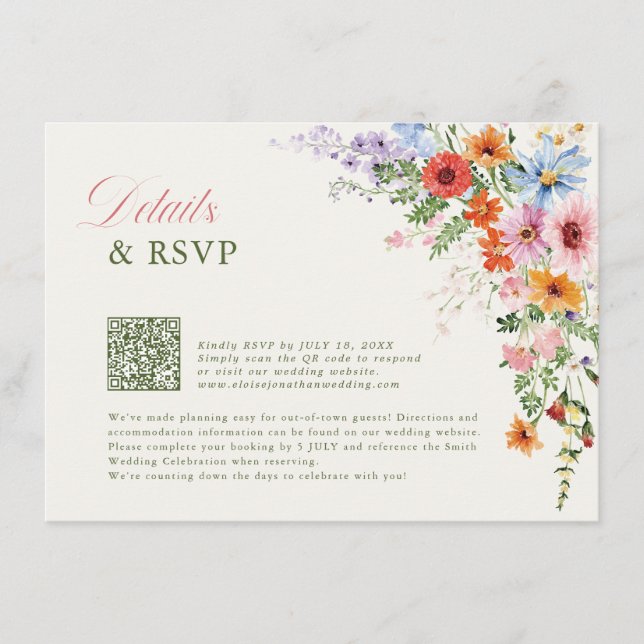 Wildflower Spring Meadow Garden QR code Wedding Enclosure Card (Front)
