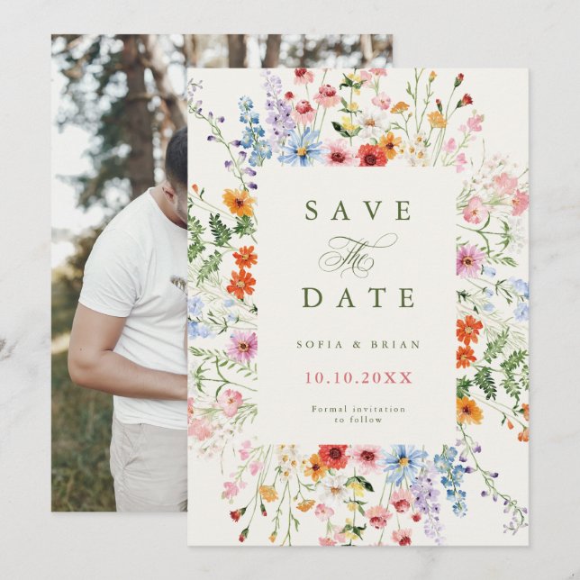 Wildflower Spring Meadow Garden Rustic boho Photo Save The Date (Front/Back)