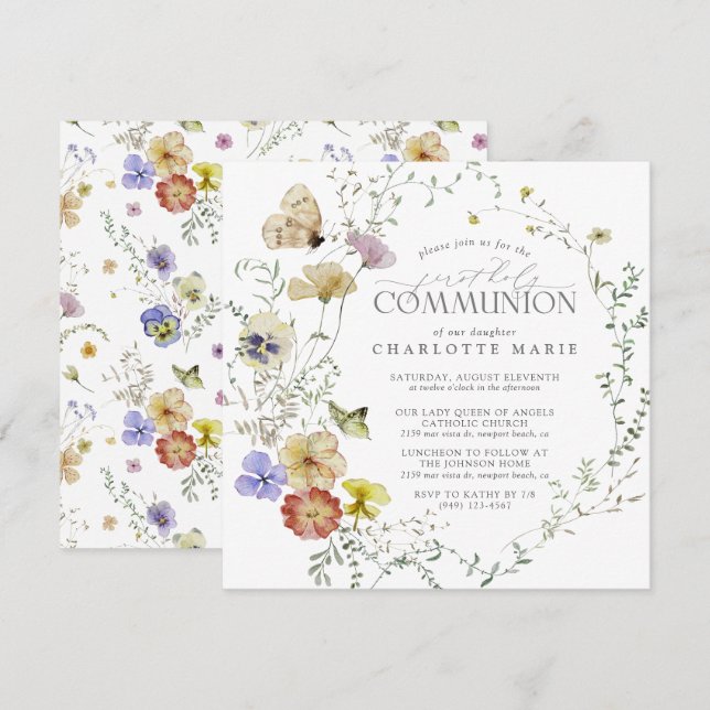 Wildflower Spring Summer First Holy Communion Invitation (Front/Back)