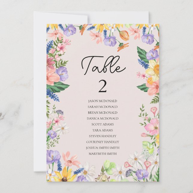 Wildflower Spring Wedding Table Seating Chart Card (Front)