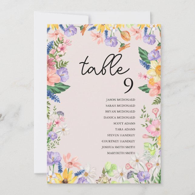 Wildflower Spring Wedding Table Seating Chart Card (Front)