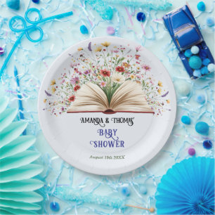 Wildflower Storybook Blue Baby Shower Paper Plate