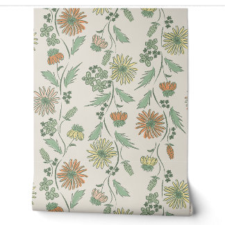 Wildflower Stripes - Yellow And Mint Green And Cre Wallpaper