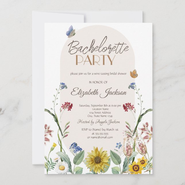 Wildflower Sunflower Butterflies Bachelorette  Invitation (Front)