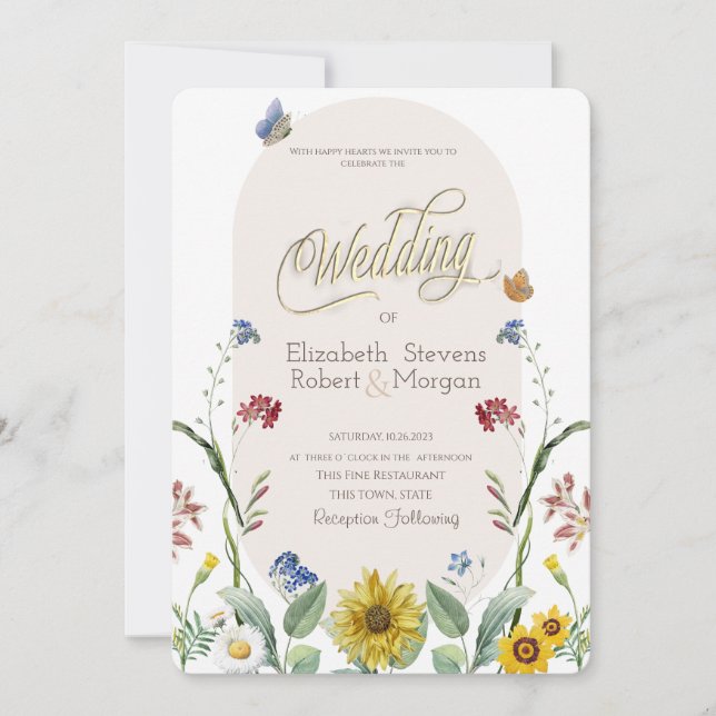 Wildflower Sunflower Butterflies Wedding Invitation (Front)