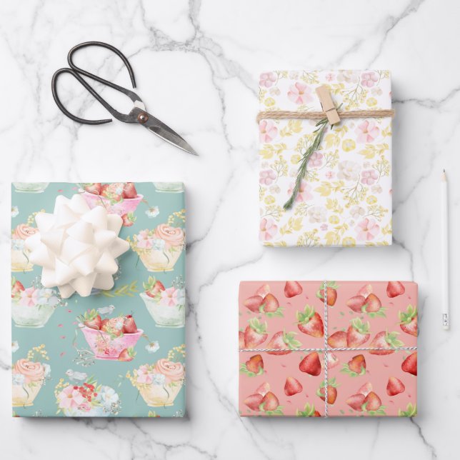 Wildflower Teacup Strawberry Field Nursery Wrapping Paper Sheet (Front)